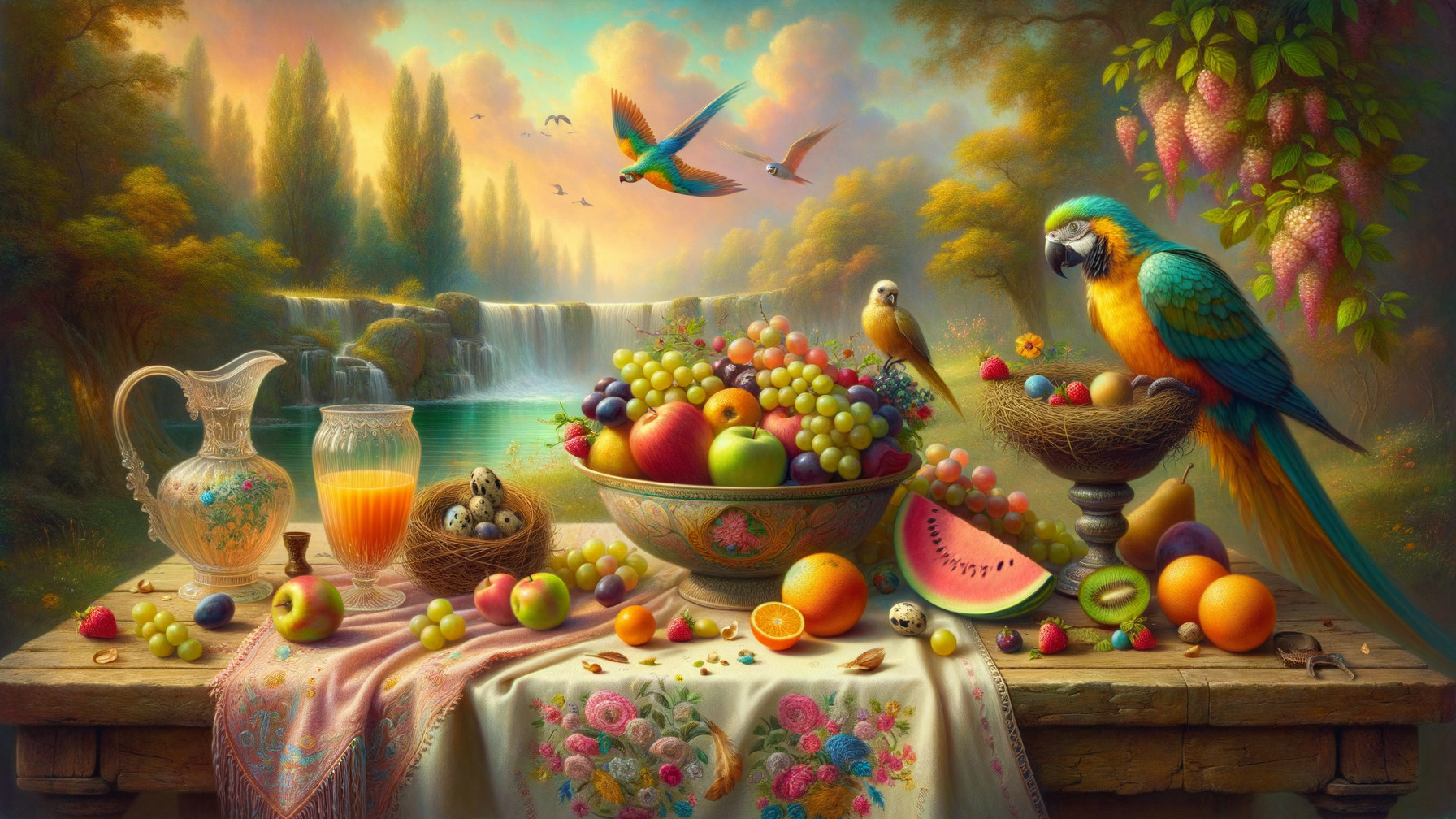 Vibrant Still Life with Fruits and Tropical Birds