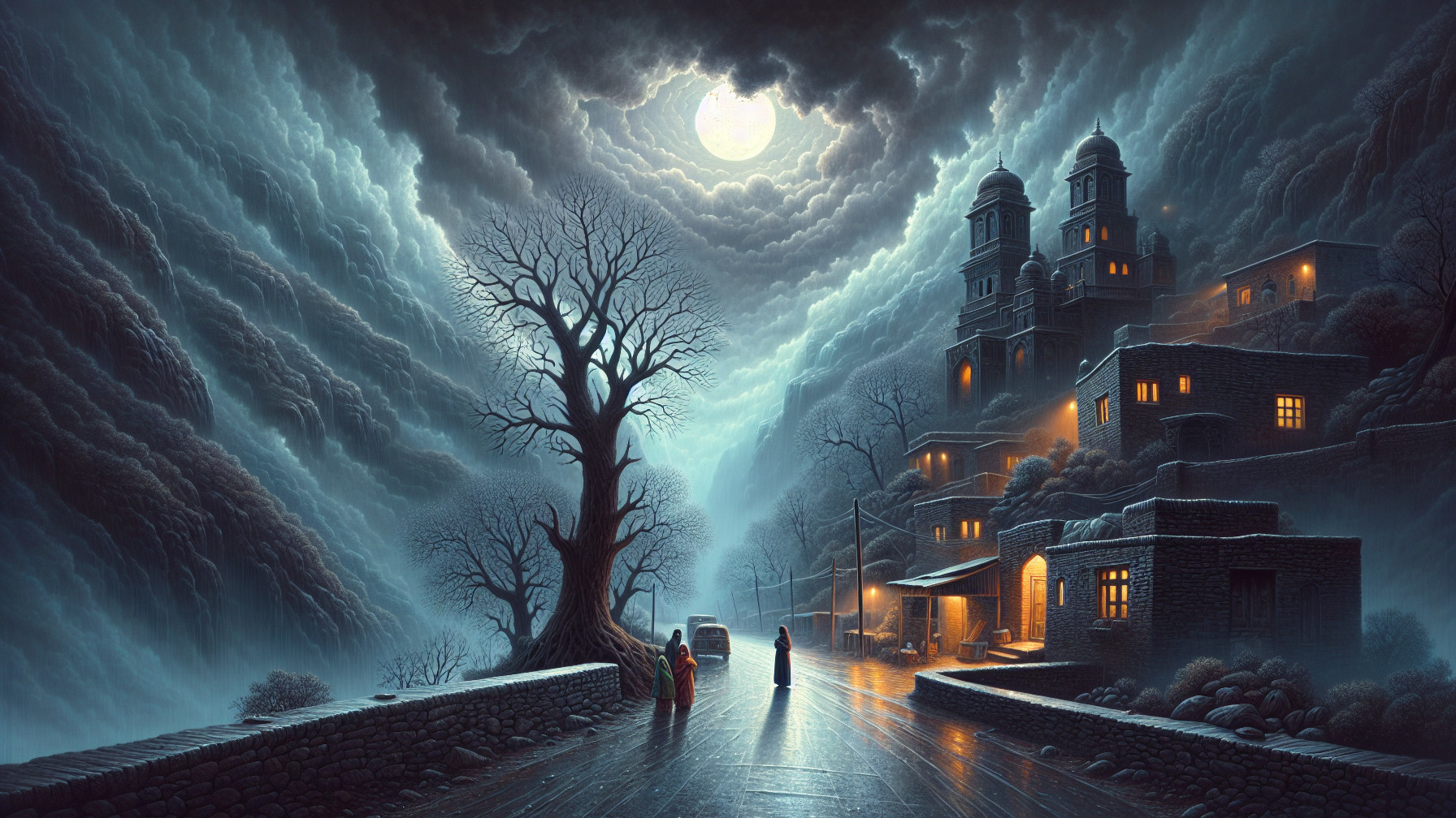 Serene Night Scene with Full Moon and Quaint Village