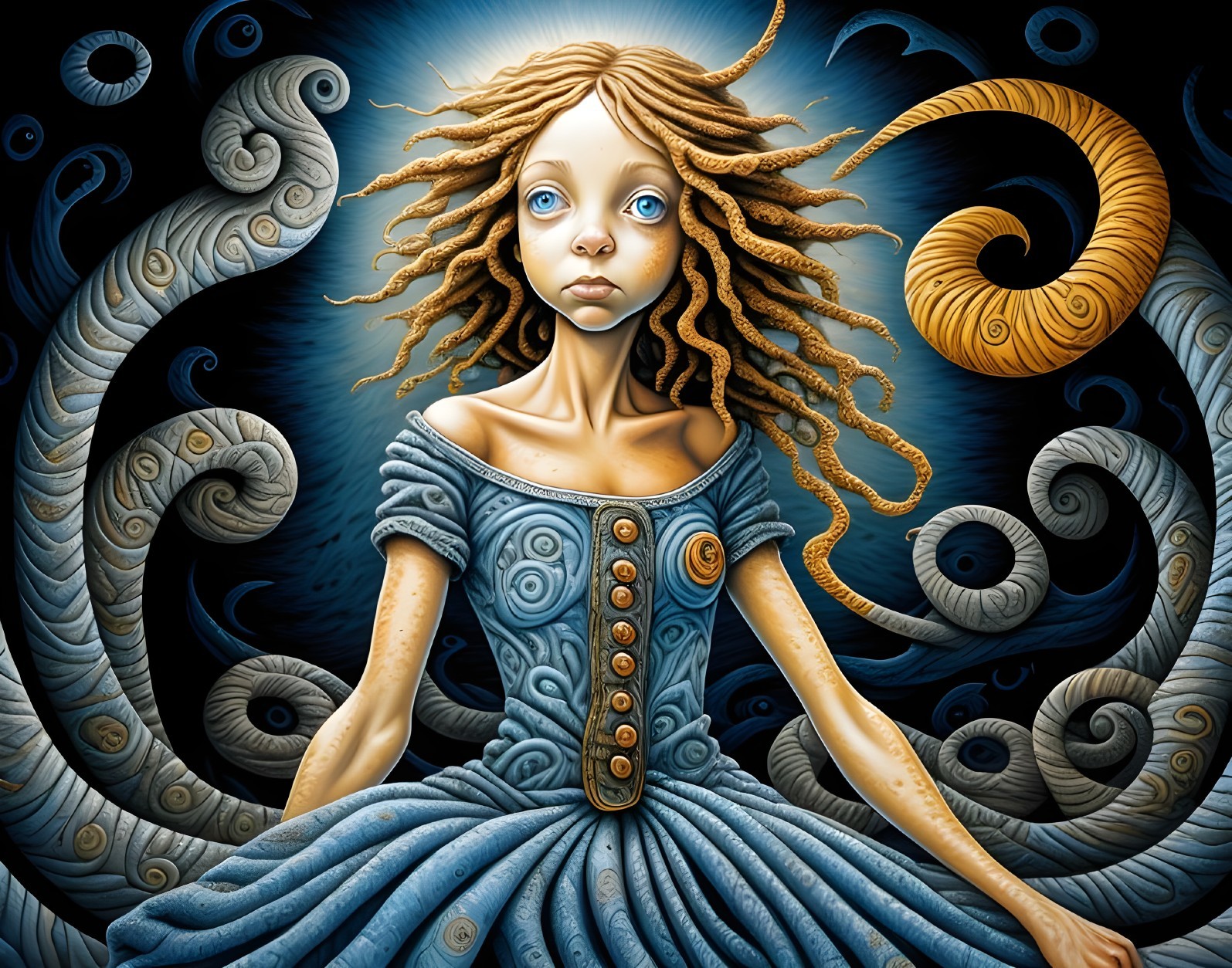 Whimsical Girl in Blue Dress Amidst Abstract Patterns