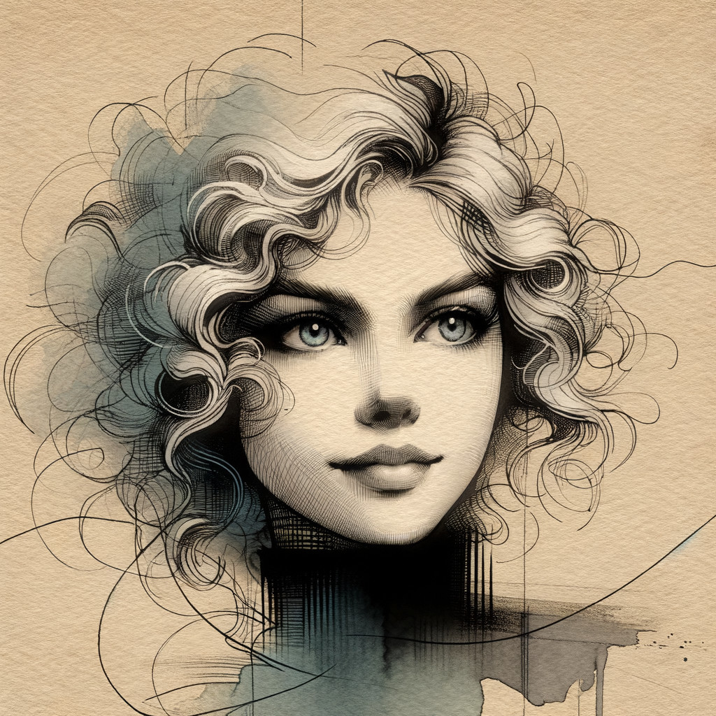 Stylized Portrait of a Young Woman with Curly Hair