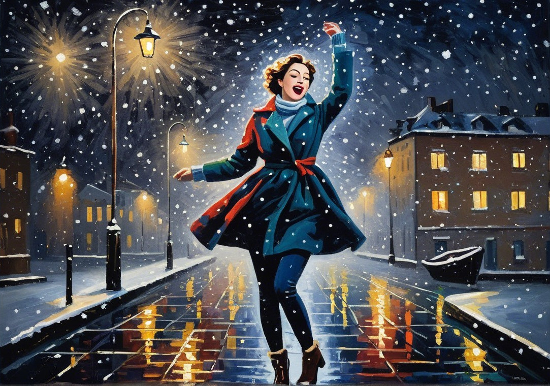 Woman Dancing in Snowy Street at Night