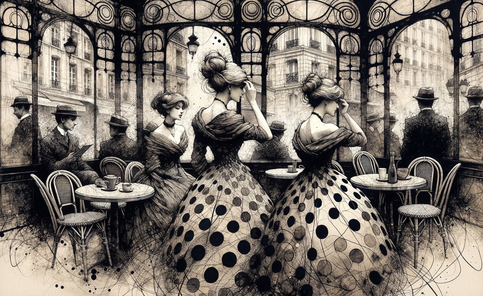 Vintage café scene with women in polka-dot gowns