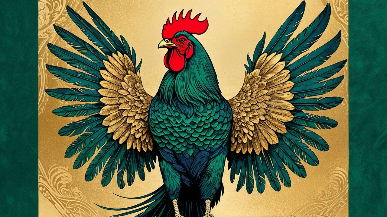 Vibrant Stylized Rooster with Green and Gold Feathers