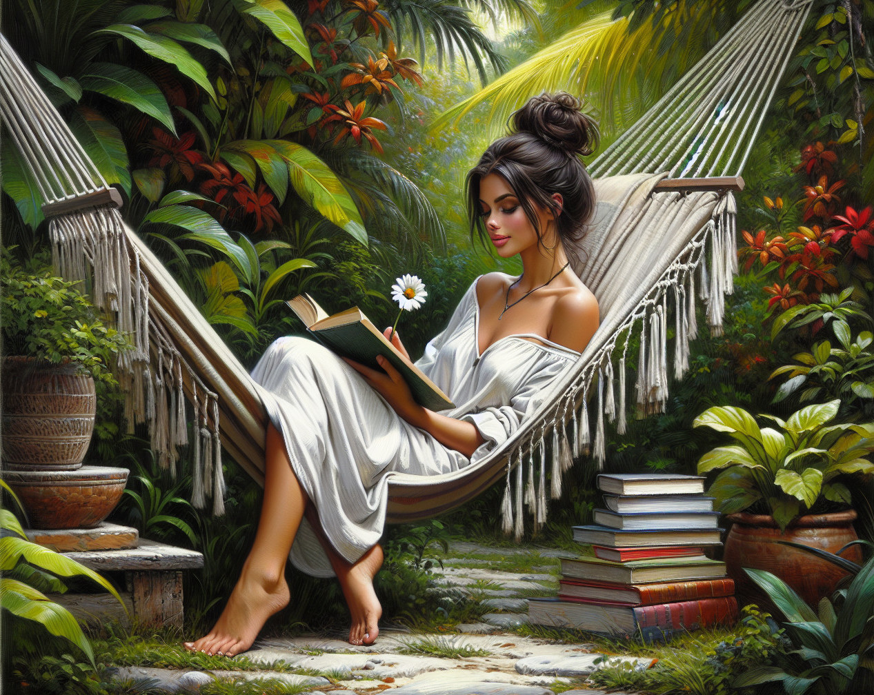 Young Woman Relaxing in Hammock Surrounded by Nature