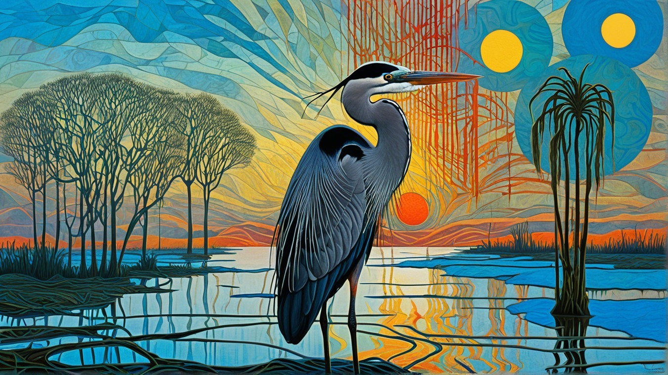 Heron by Tranquil Lake at Sunset with Vibrant Colors