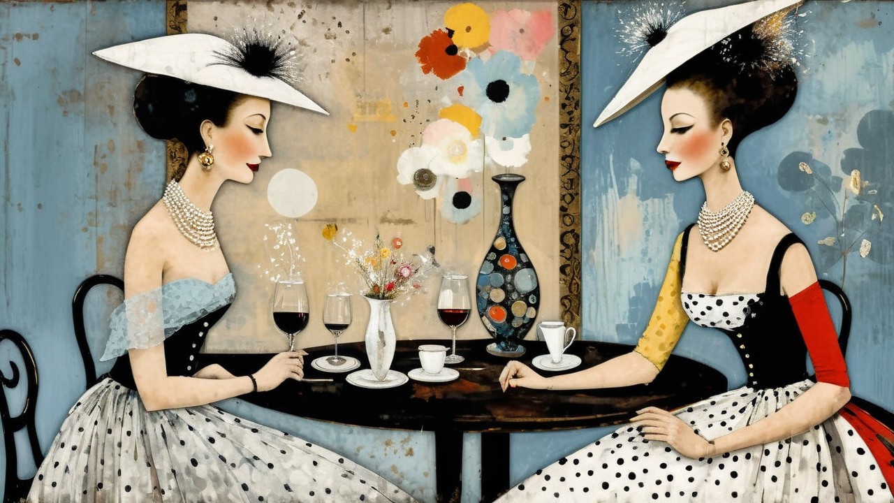 Elegant Women in Vintage Dresses at Round Table