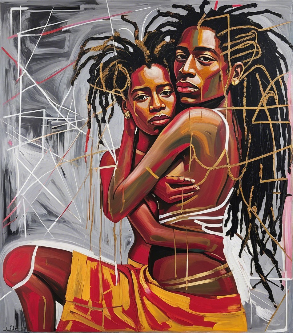 Intertwined Figures with Bold Colors and Expressions