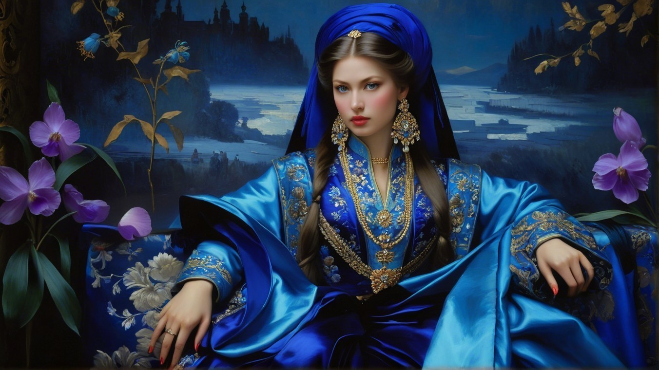 Woman in Blue Gown Surrounded by Orchids in Landscape