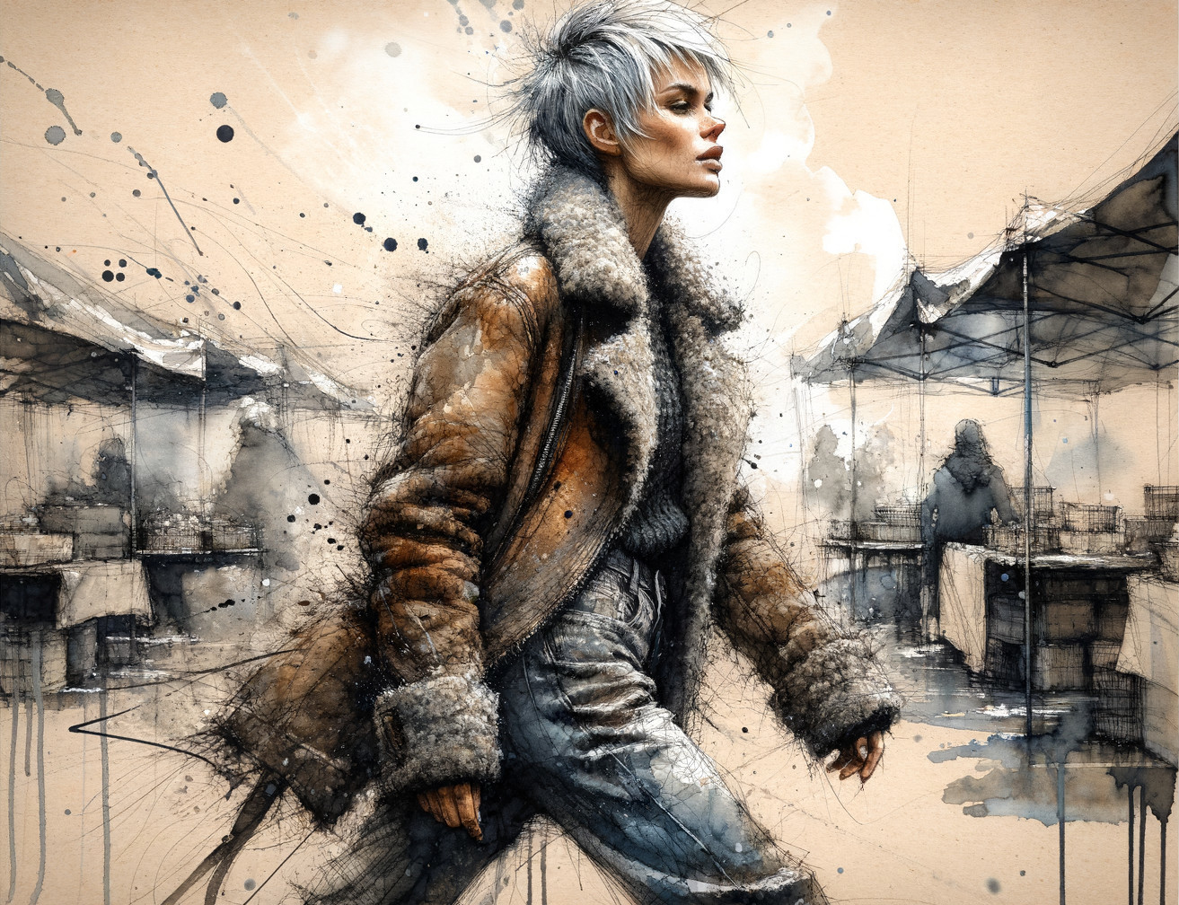 Stylish Figure in Brown Fur Coat at Market Scene