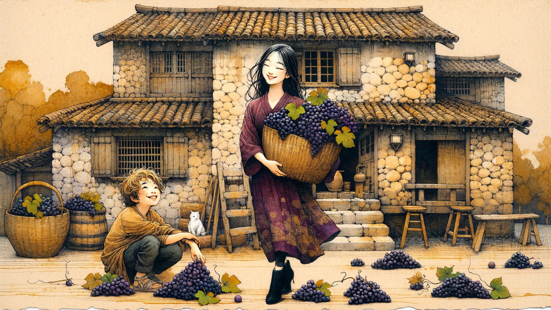 Rural Scene of Children and Grapes by a Cottage
