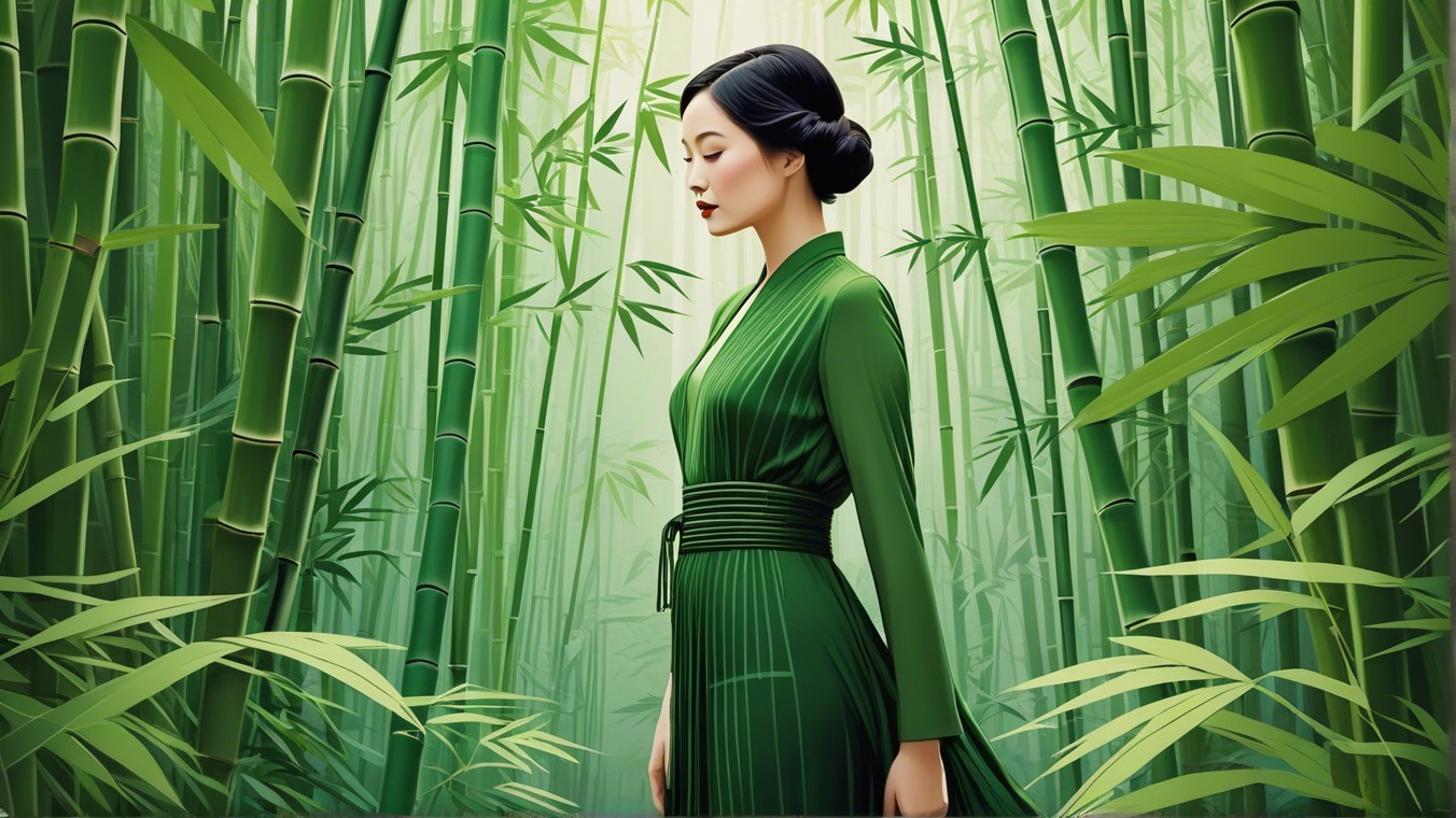 Serene Woman in Green Robe in Bamboo Forest