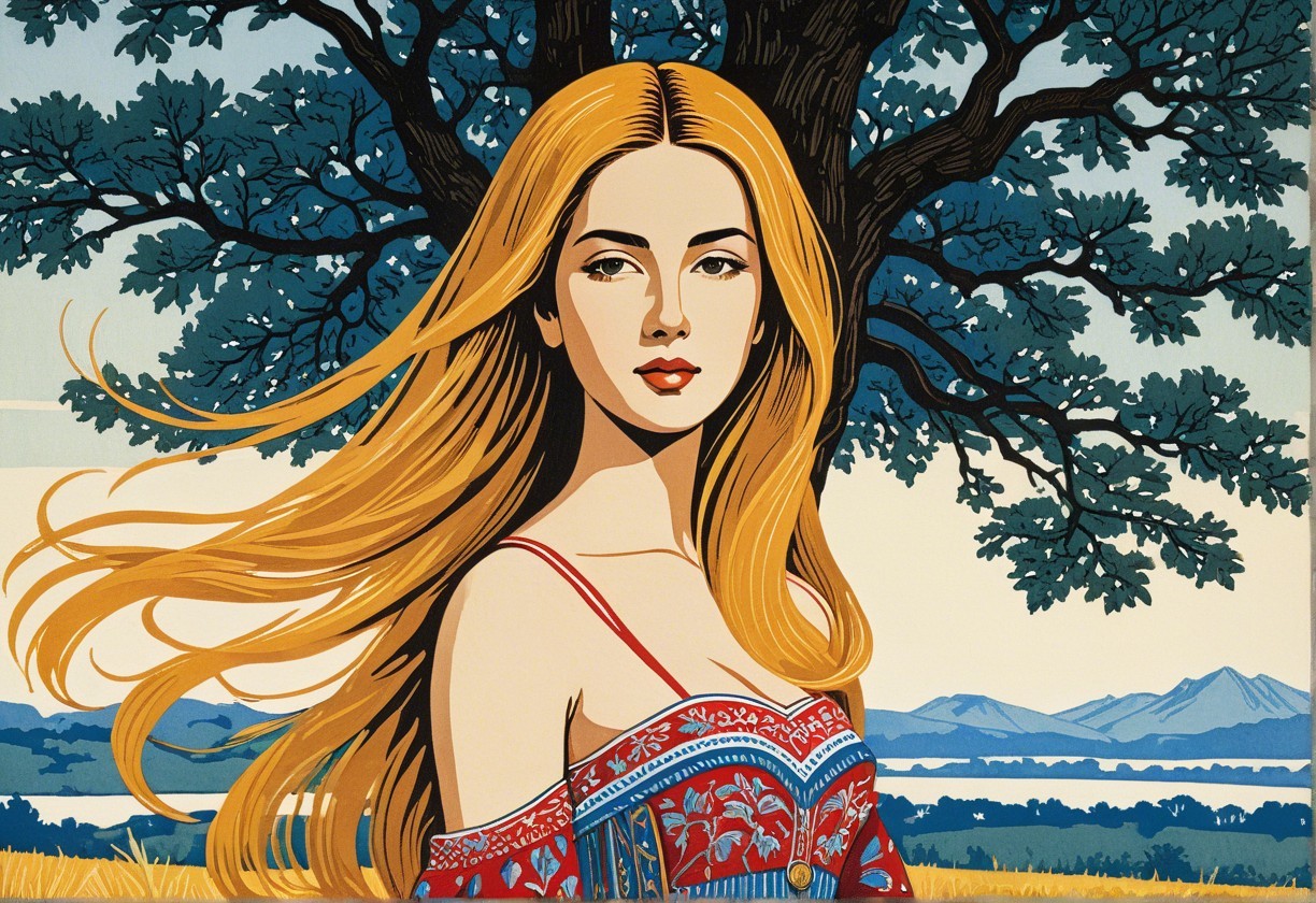 Young woman in traditional garment by large tree