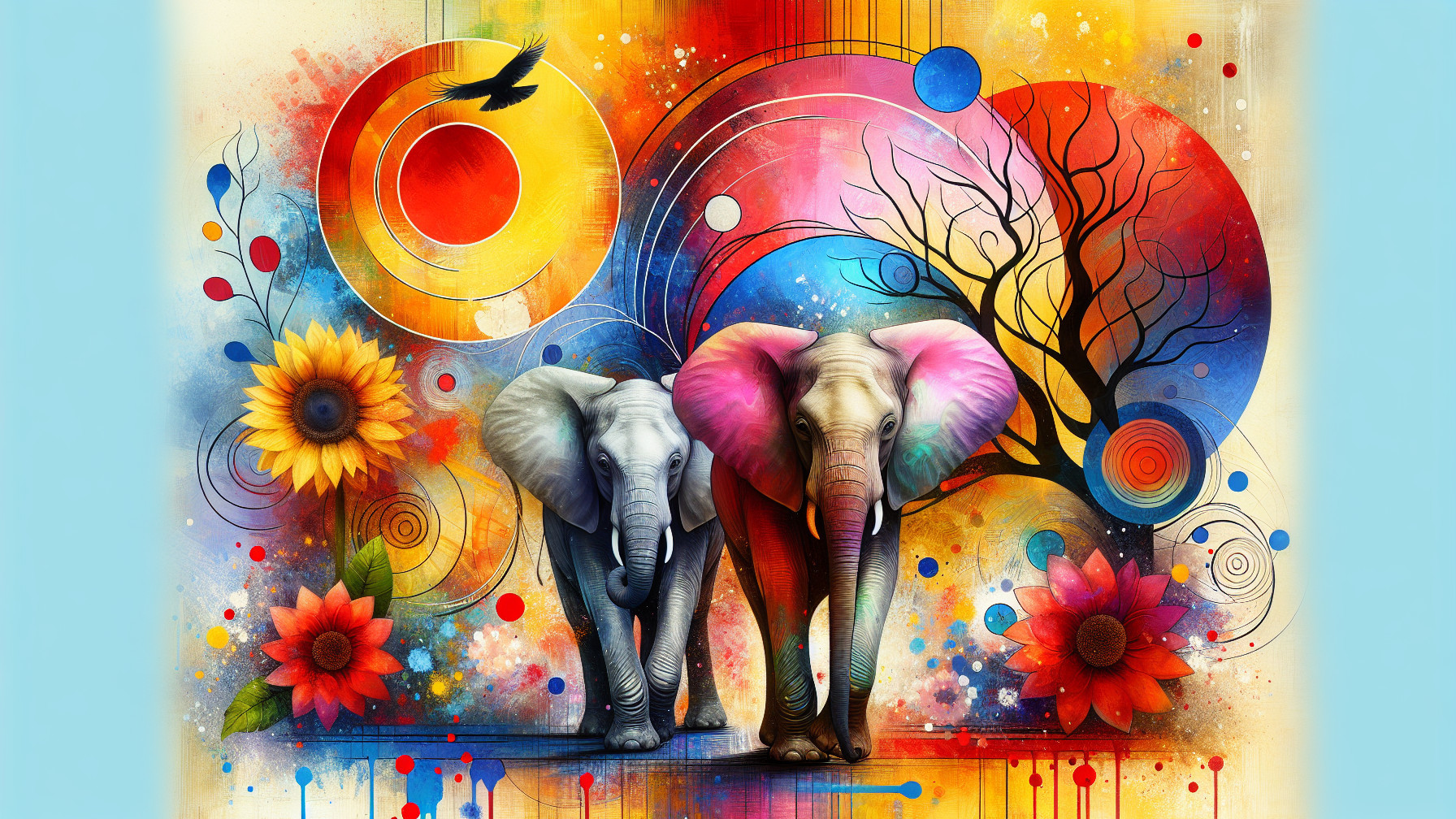 Illustration of Elephants in Colorful Patterns and Shapes