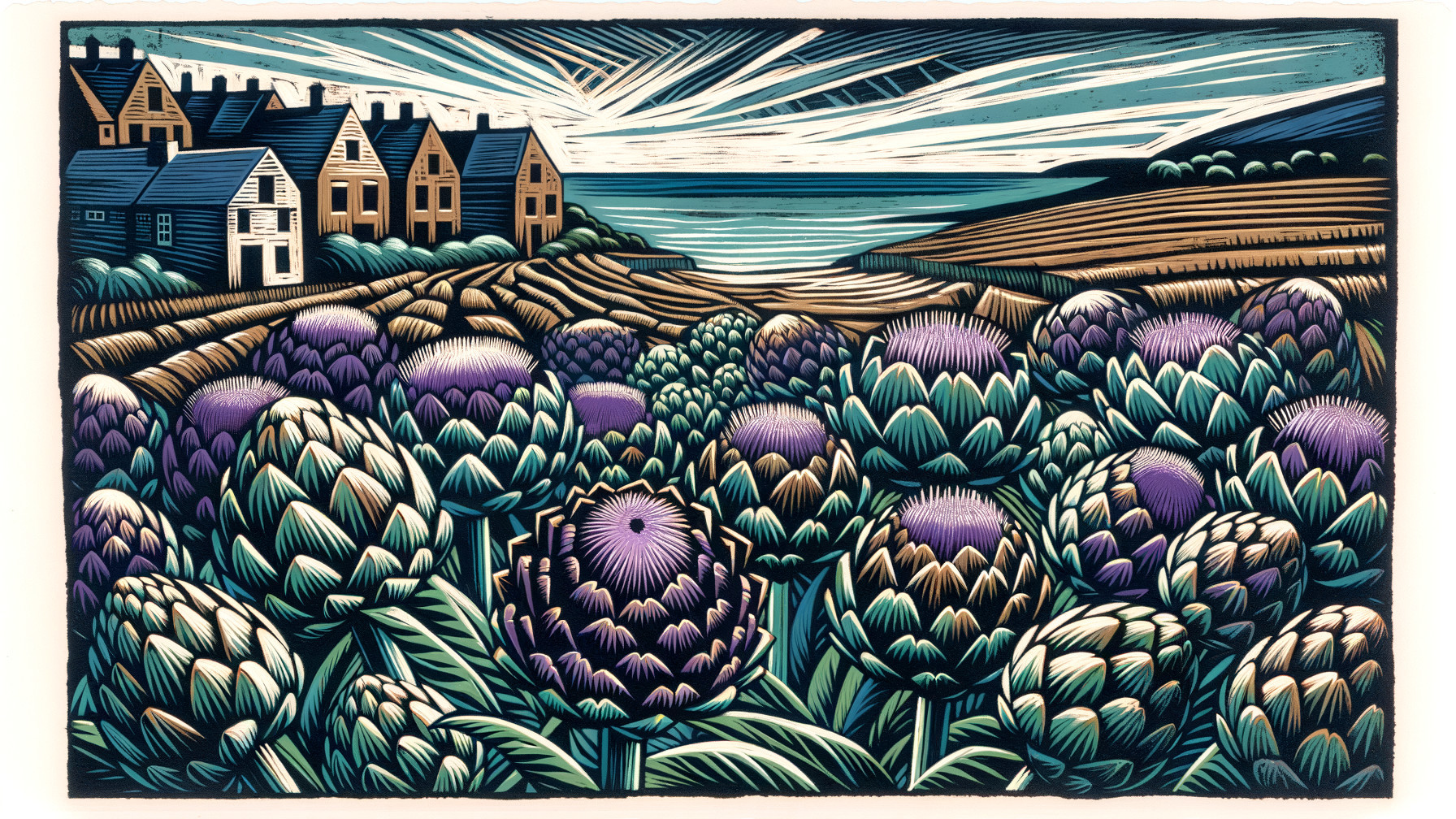 Vibrant Coastal Landscape with Artichoke Fields
