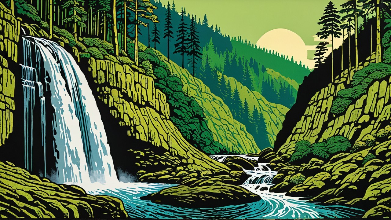 Cascading Waterfall in a Lush Green Landscape