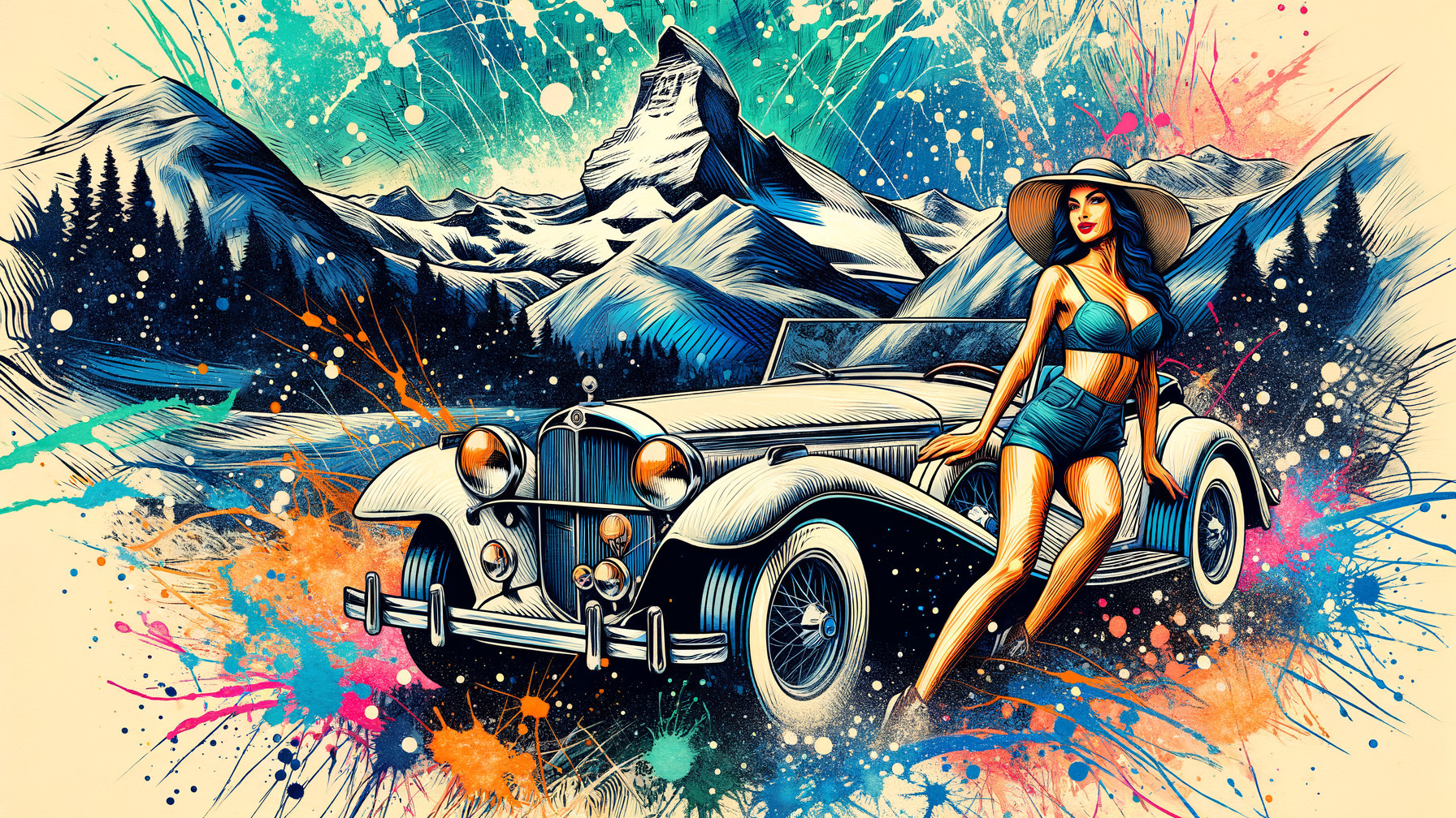 Vintage Convertible Car with Mountainous Background