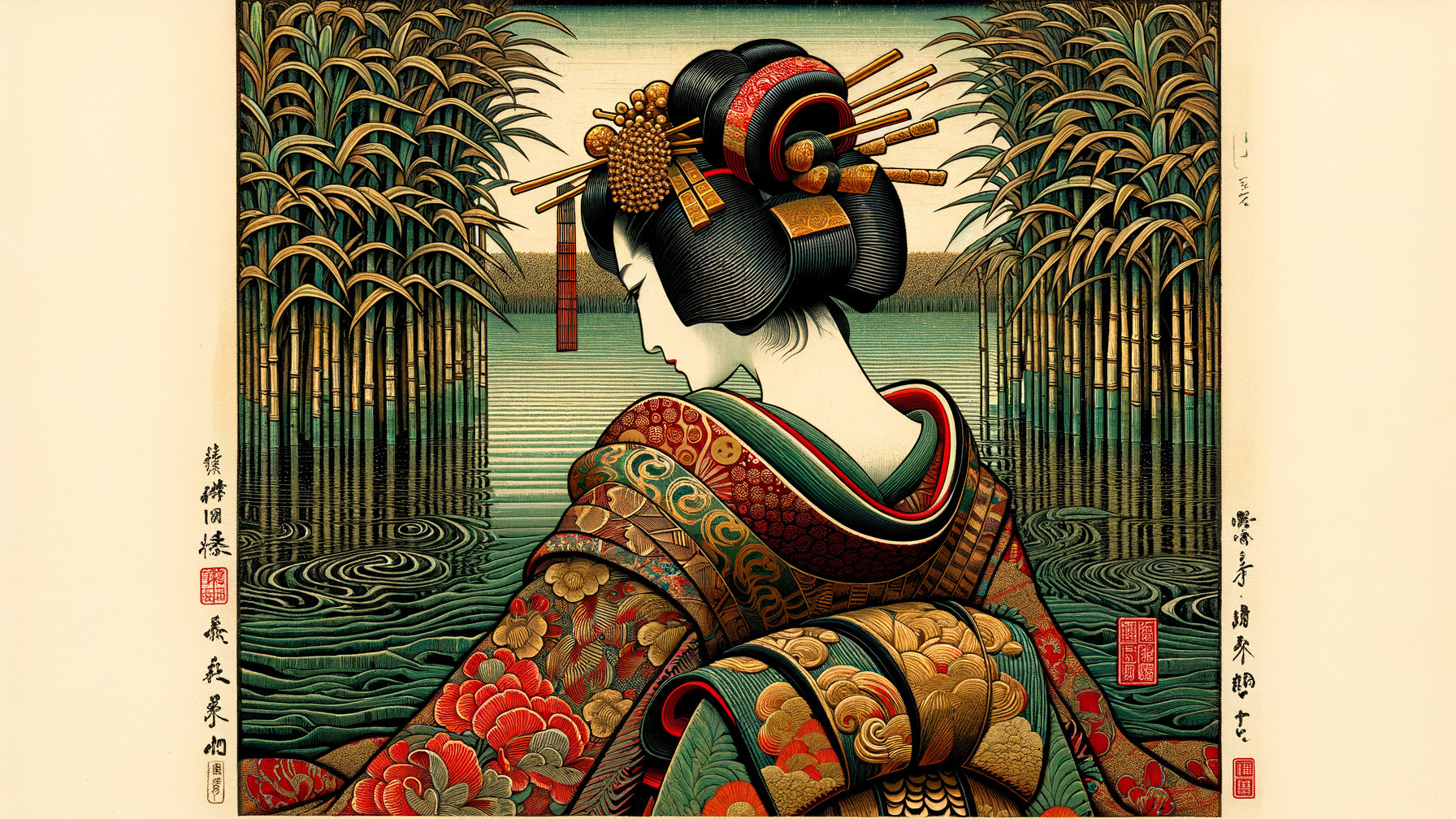Ukiyo-e Geisha in Decorative Kimono by Water