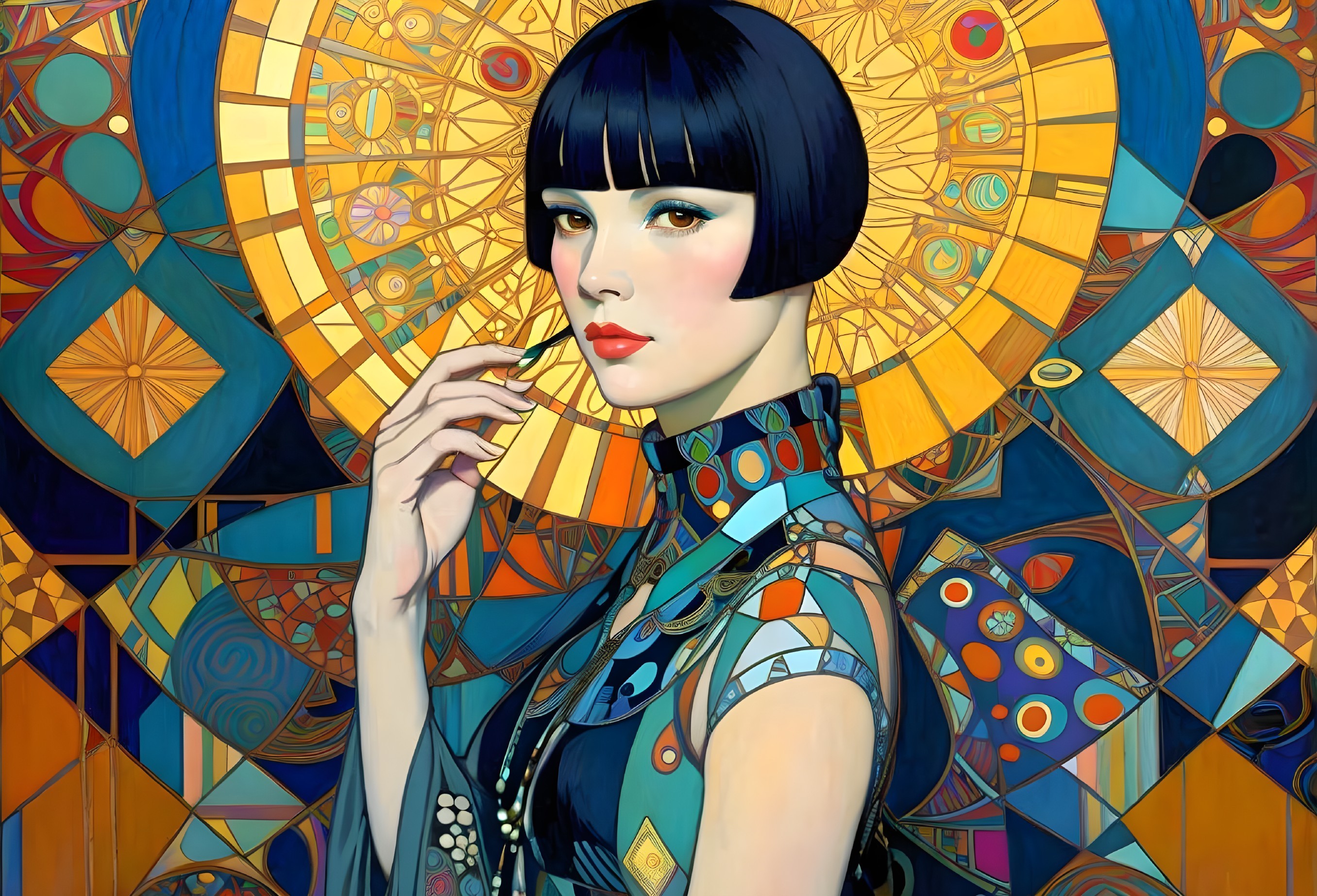 Stylized Portrait of Woman with Bob Haircut and Geometric Background