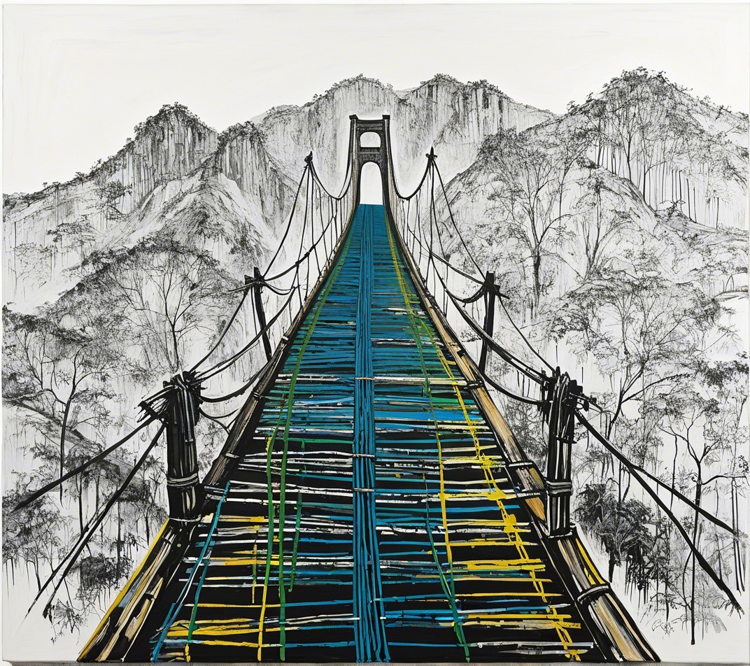 Vibrant Suspension Bridge Over Misty Landscape