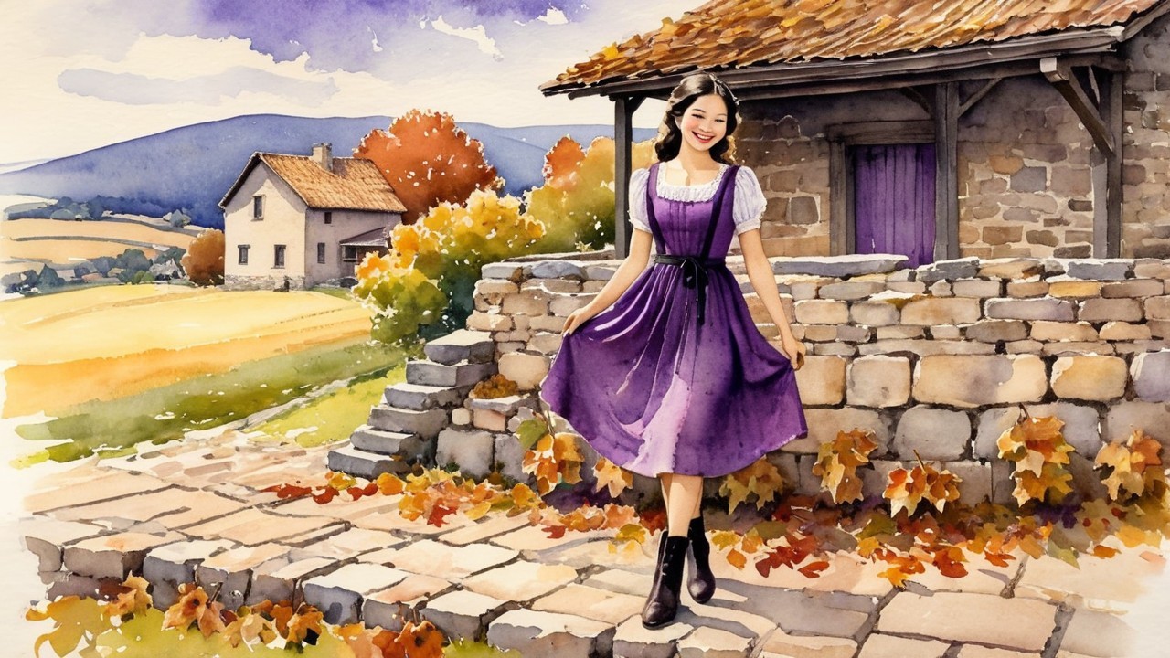 Young Woman in Purple Dress Amidst Autumn Landscape