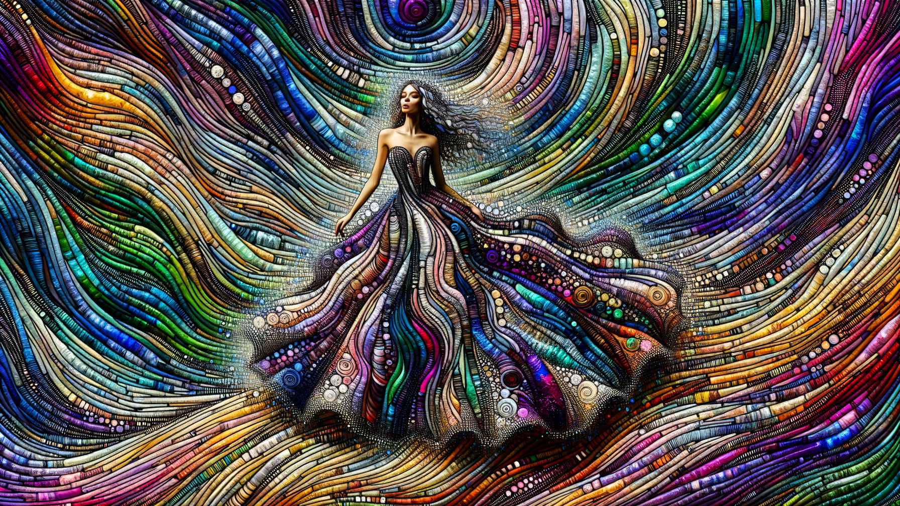 Vibrant Figure in Swirling Dress with Colorful Backdrop