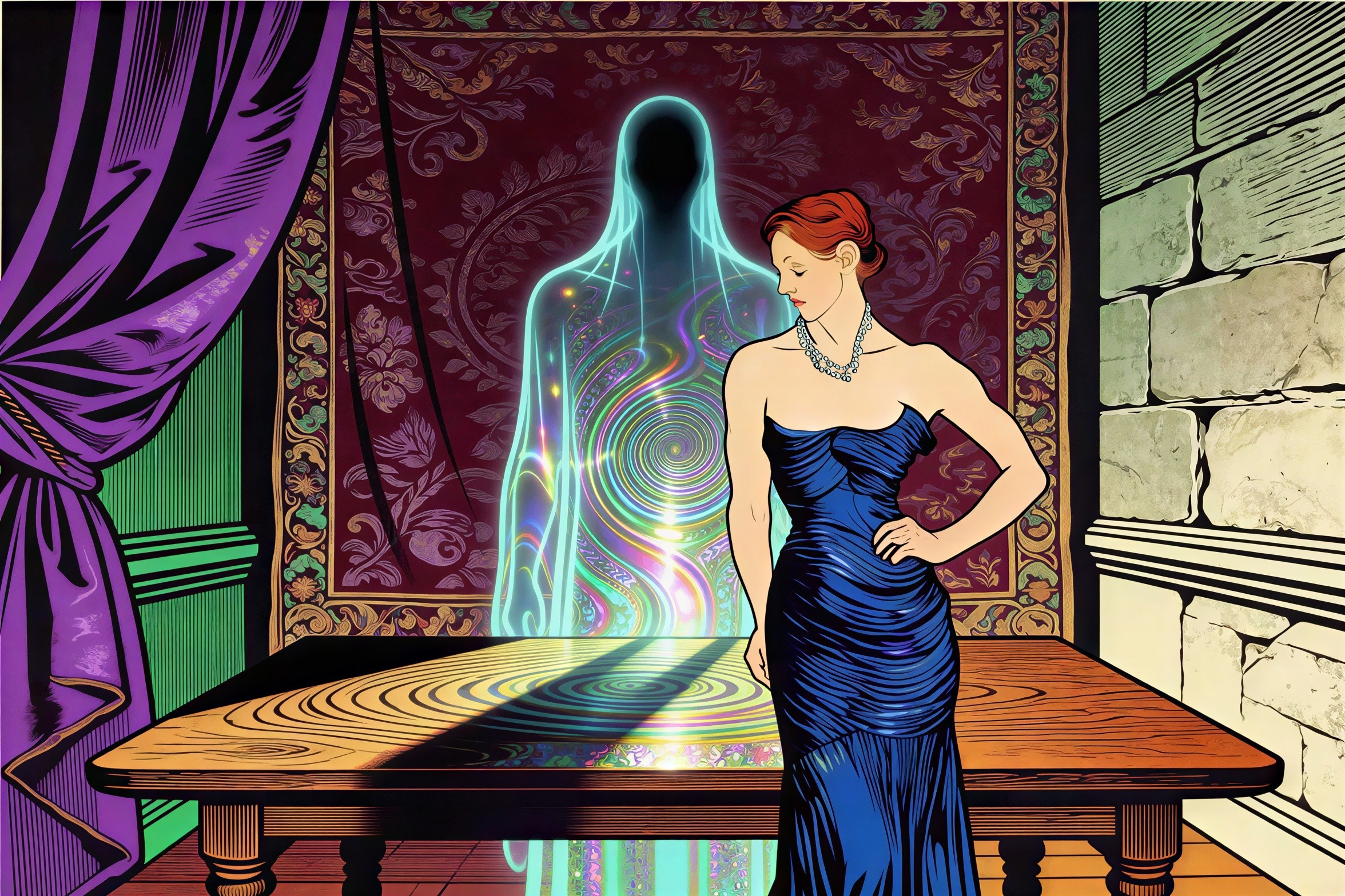 Stylized Artwork of a Woman in Royal Blue Gown