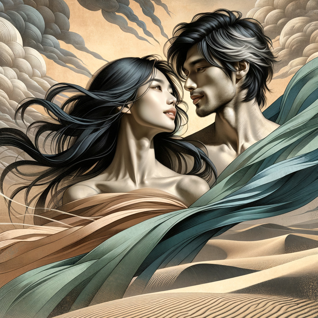 Couple in Artistic Blue Waves and Earthy Tones