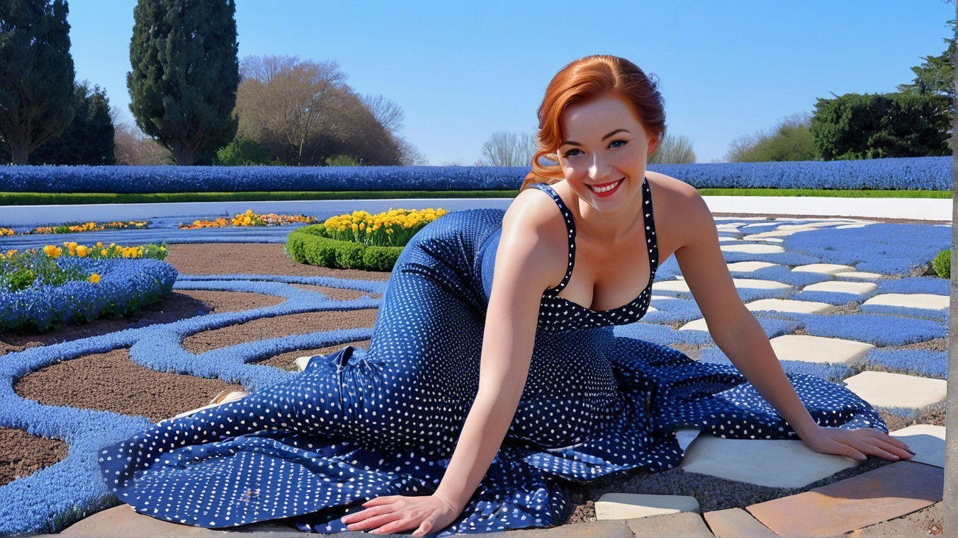 Woman in Blue Gown Surrounded by Vibrant Garden Flowers