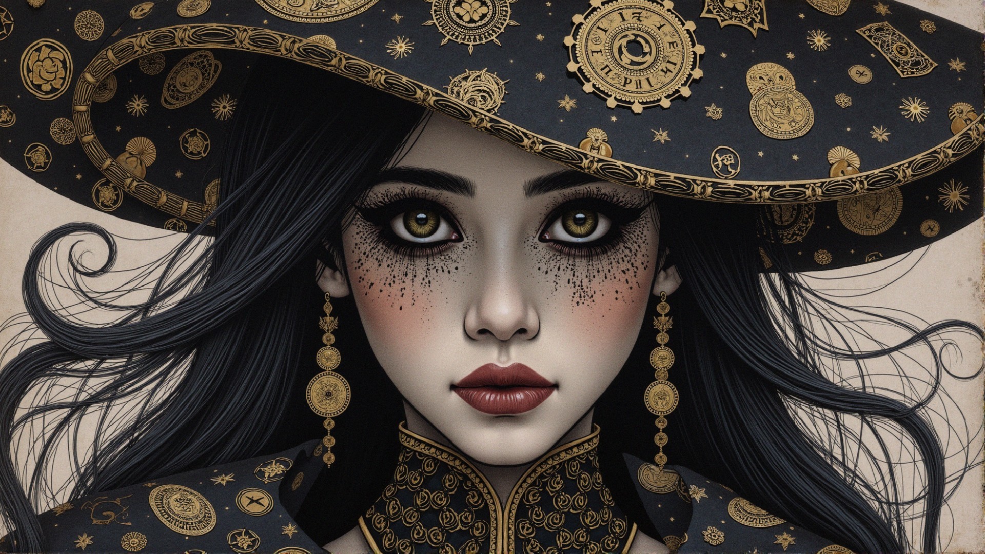 Portrait of a Woman in Star-Patterned Hat and Bold Makeup
