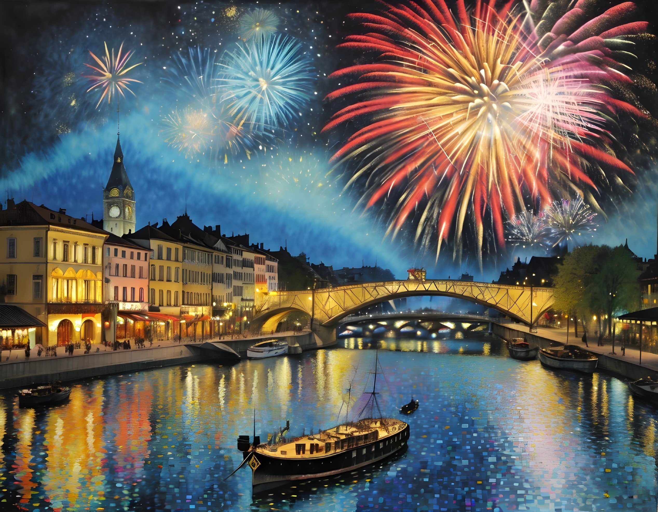 City Evening Scene with Fireworks Over River