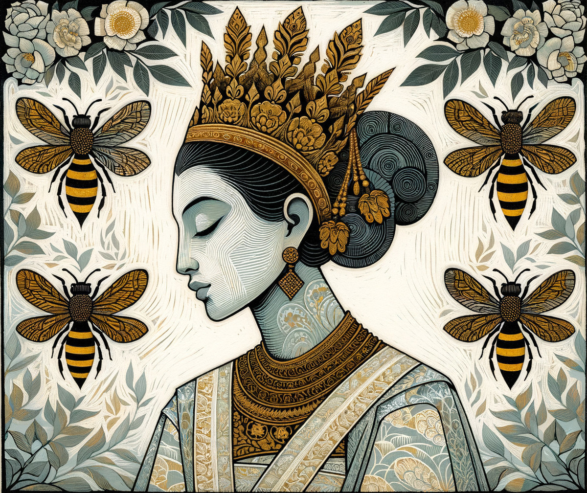 Serene Woman in Profile with Floral Crown and Bees