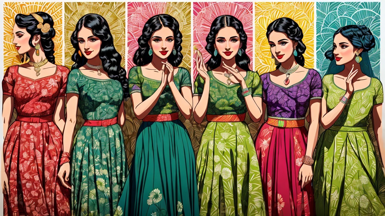 Elegant Women in Floral Outfits with Colorful Background