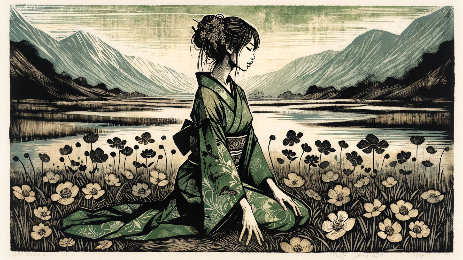 Japanese Woman in Green Kimono by Water's Edge