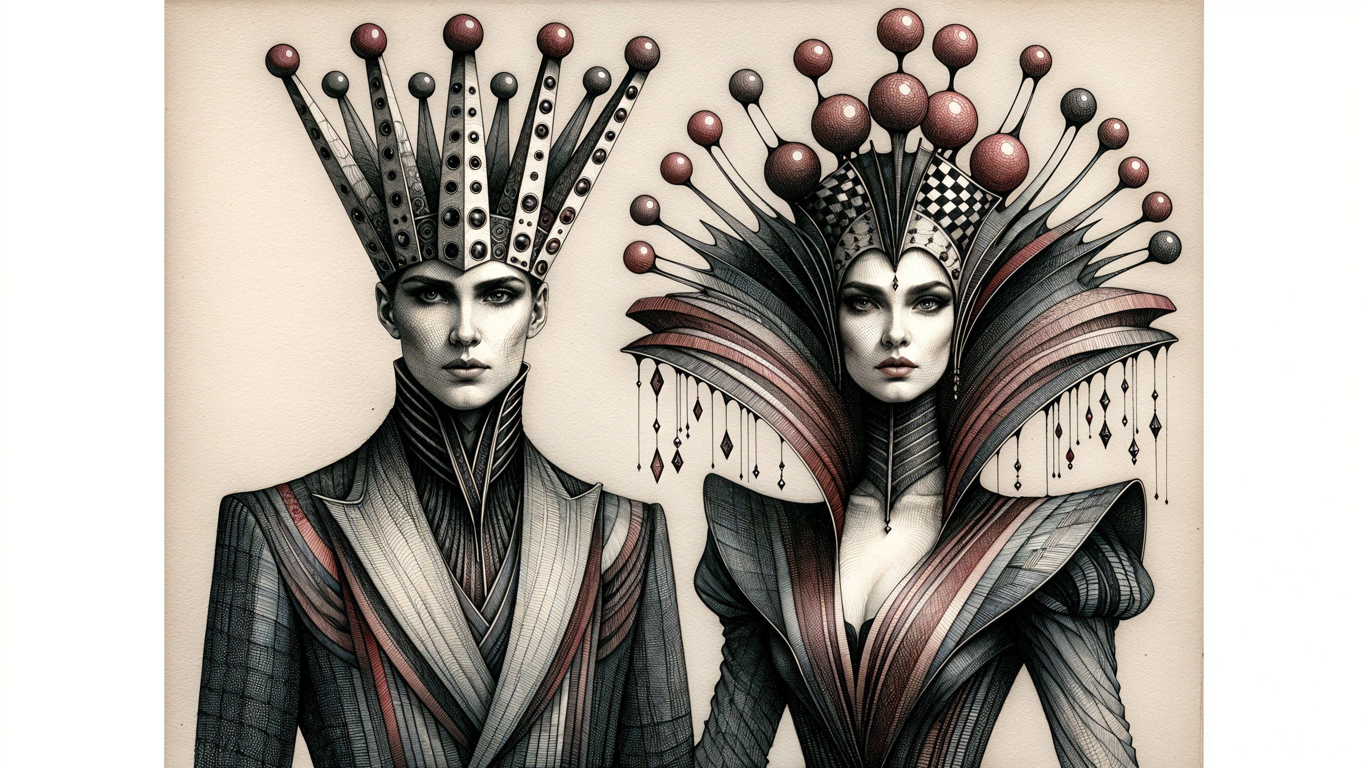 Elegantly Dressed Figures with Elaborate Headpieces