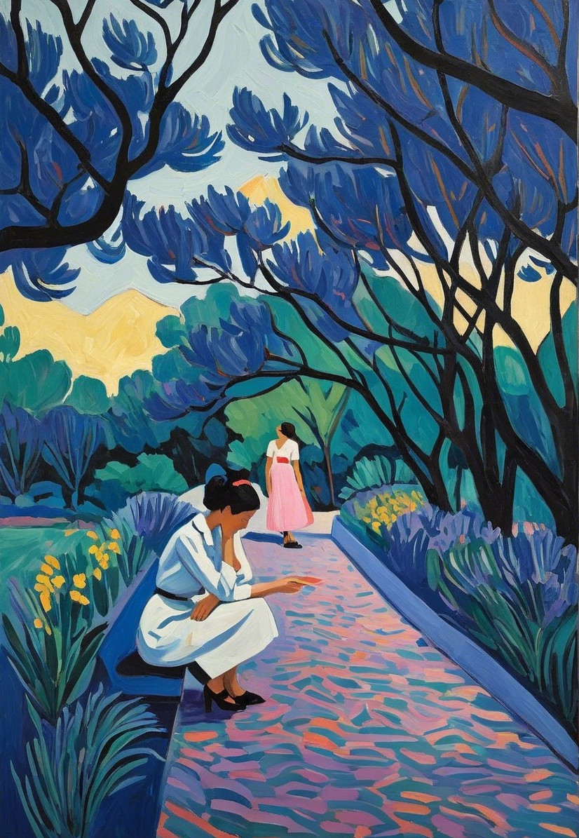 Serene Outdoor Scene with Women and Vibrant Nature