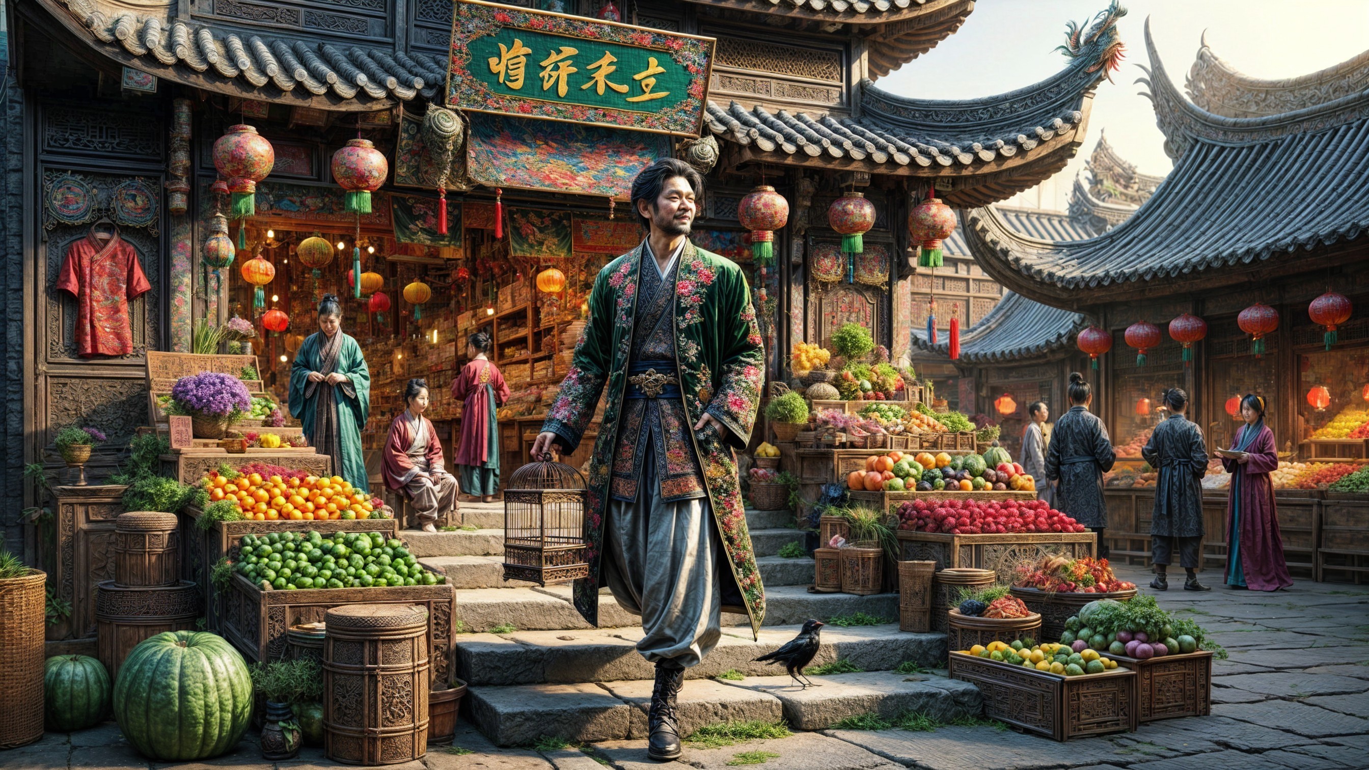 Ancient Town Marketplace with Colorful Stalls and Lanterns