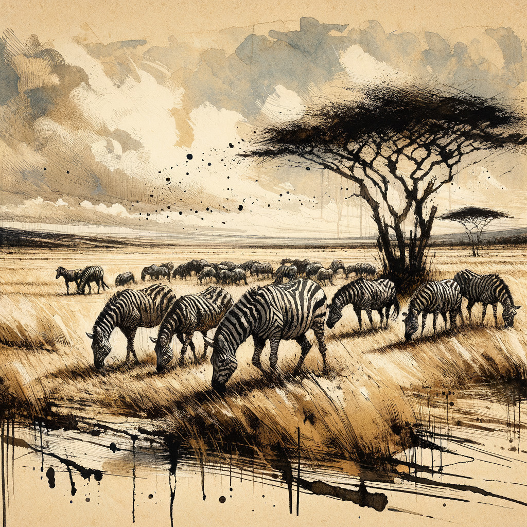 Zebras Grazing in a Savanna Landscape Illustration