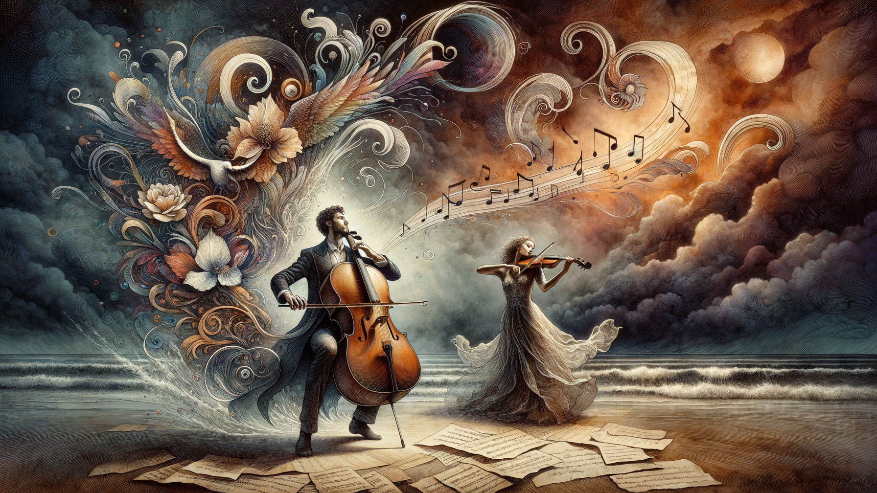 Seaside Performance of Cellist and Violinist with Nature