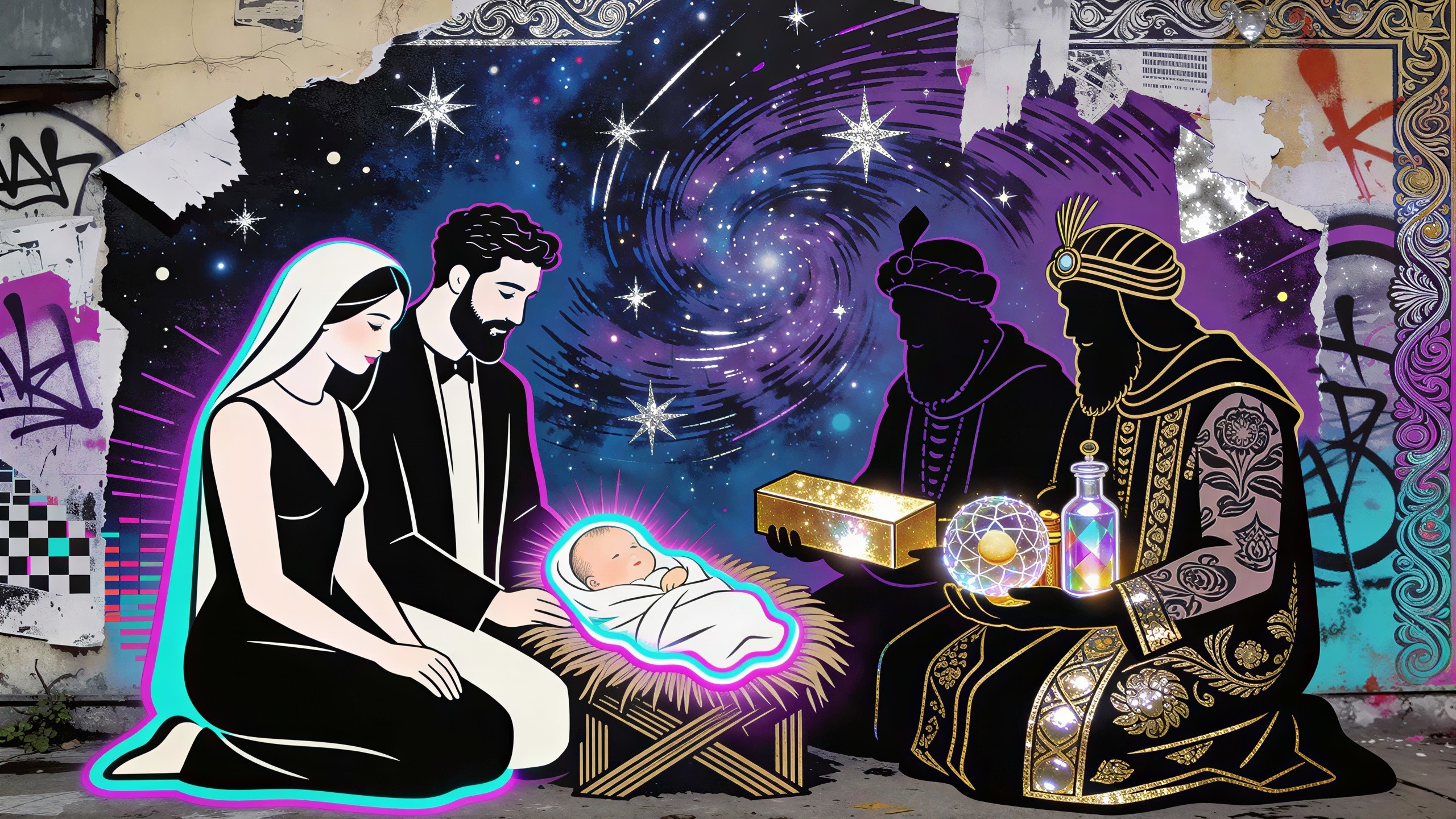 Modern Nativity Scene Mural on Urban Wall