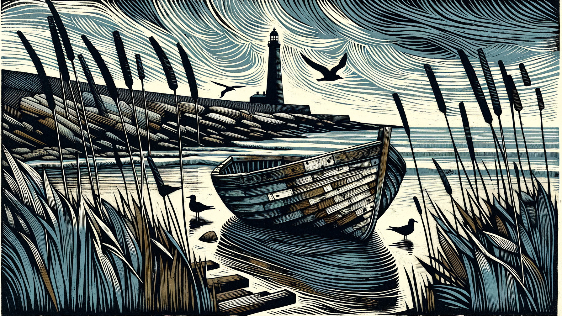 Abandoned Boat and Lighthouse in Coastal Landscape