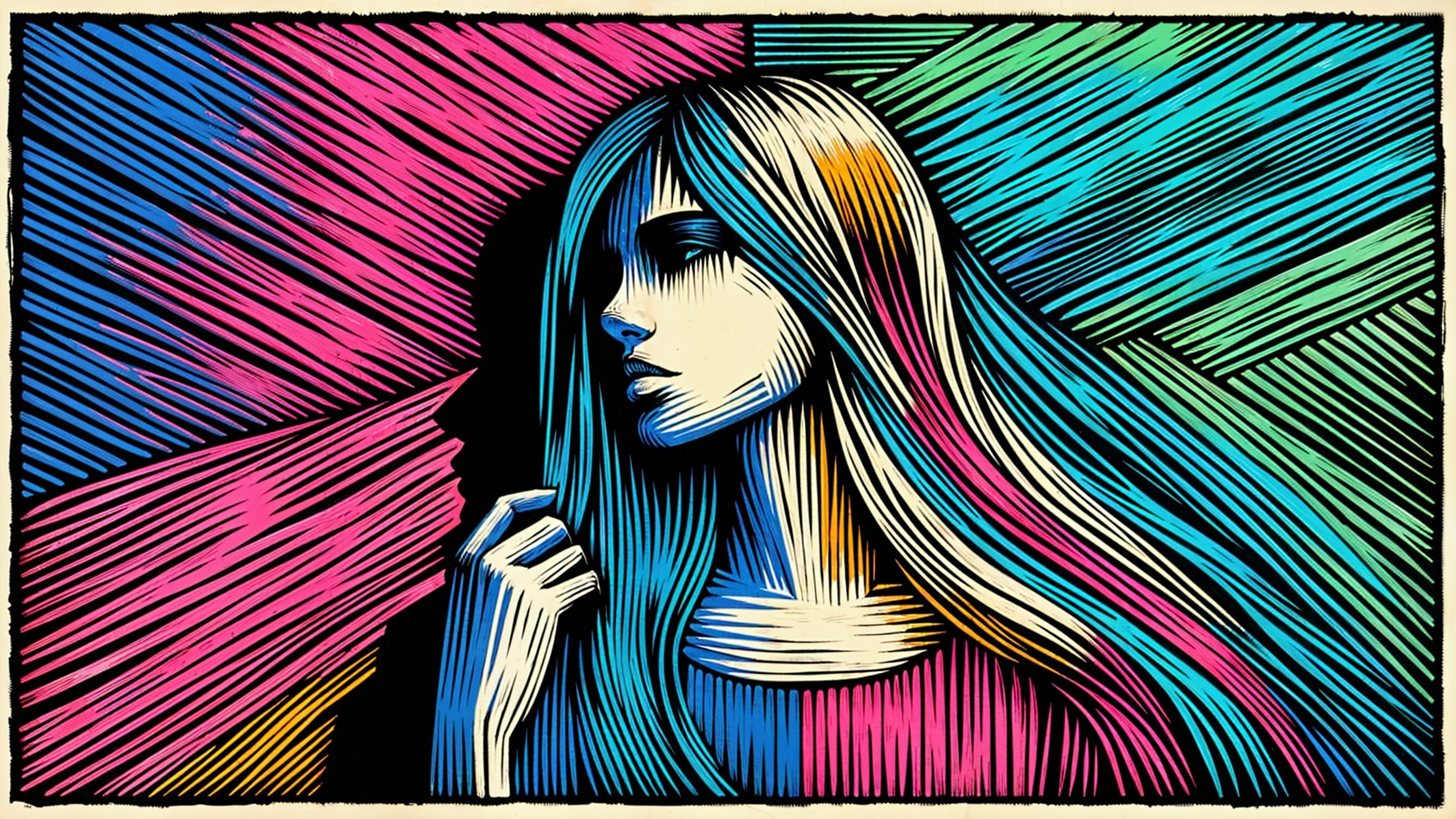 Illustration of a woman with colorful flowing hair