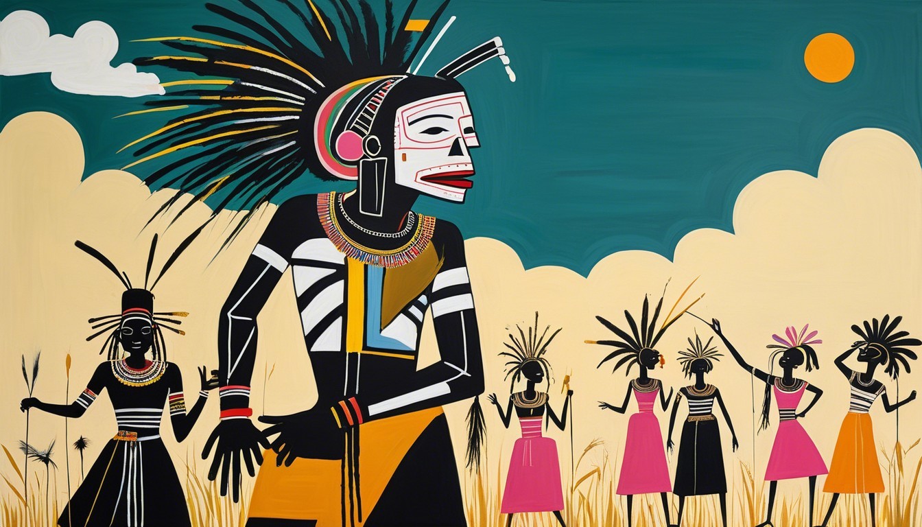 Vibrant Depiction of Figures in Traditional Attire