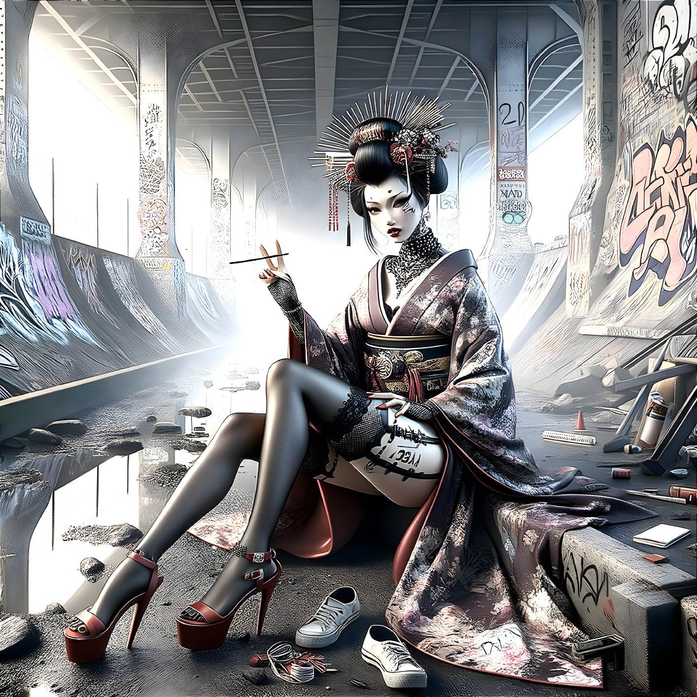 Traditional Kimono Figure in Urban Graffiti Alley