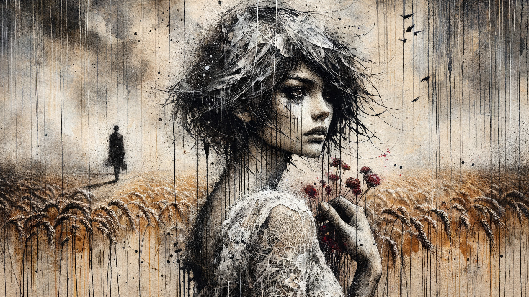 Young Woman in Wheat Field with Dramatic Sky