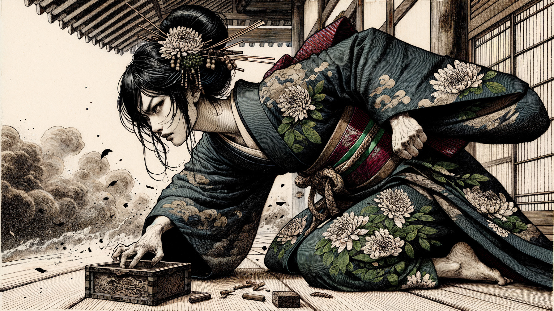 Woman in Kimono Focused on Ornate Box with Smoke