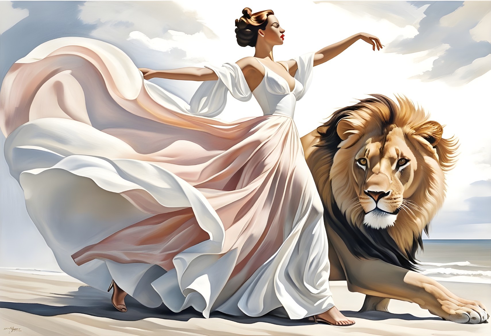 Woman in Gown Dances with Lion on Beach
