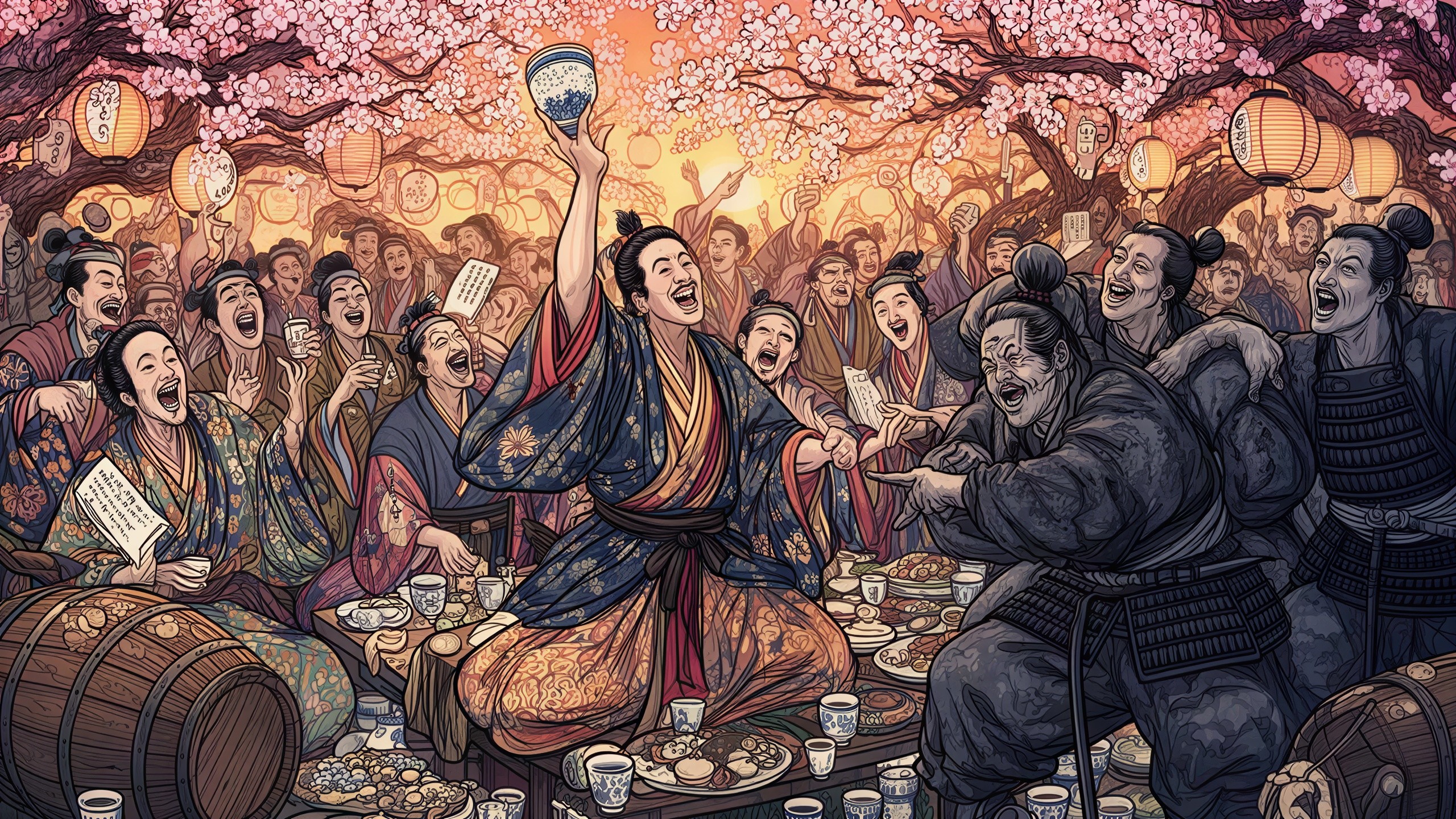 Japanese Night Festival with Cherry Blossoms and Kimonos