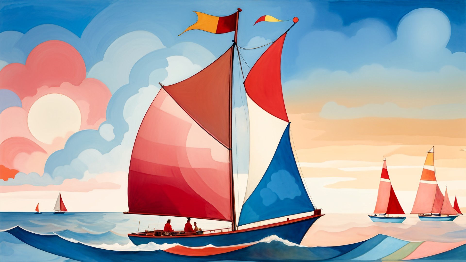 Vibrant Seascape with Colorful Sailboats and Sunset