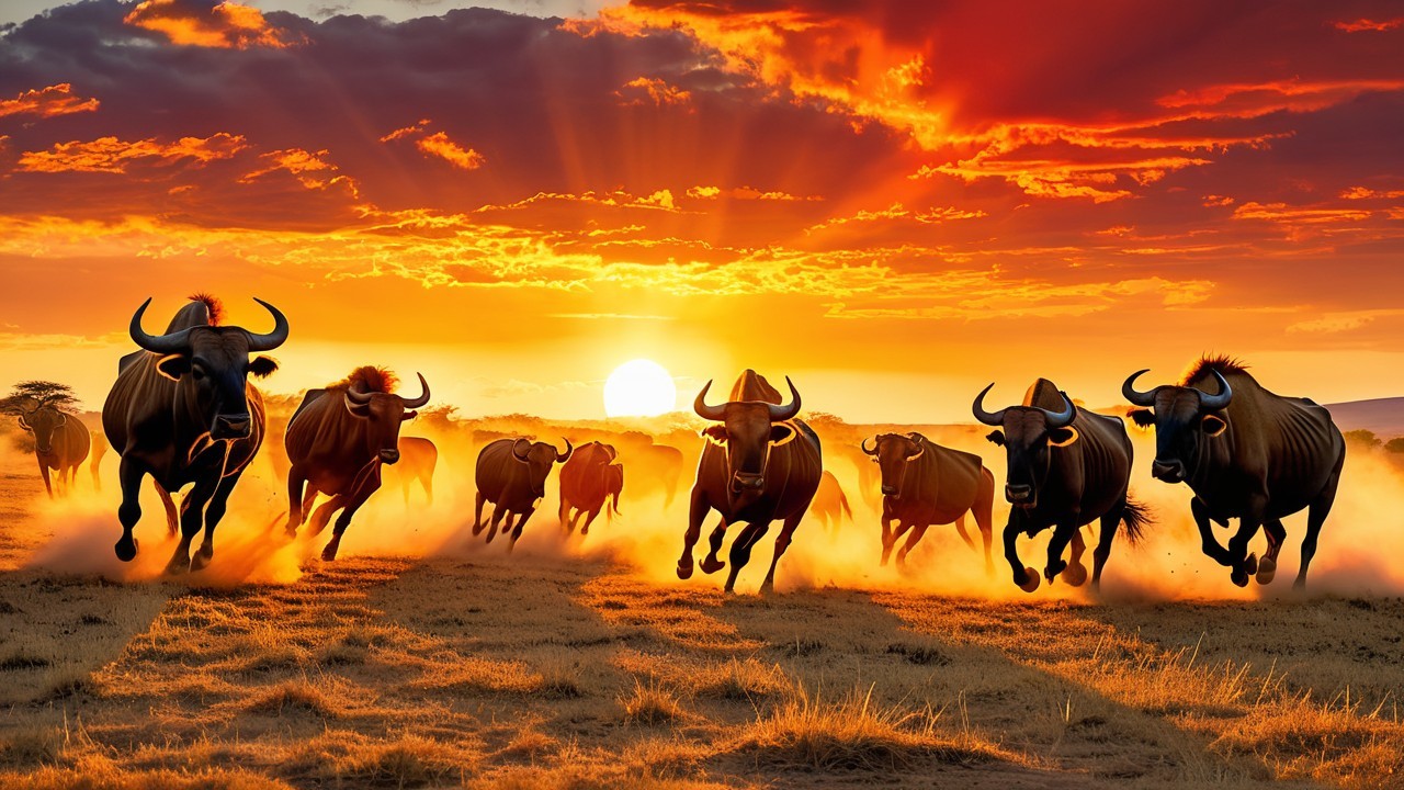 Vibrant Sunset with Galloping Wildebeests in Landscape