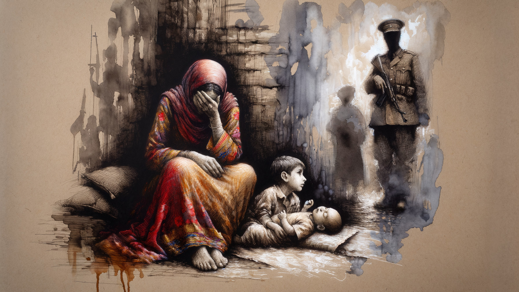 Somber Scene of Woman in Dress with Child and Soldier